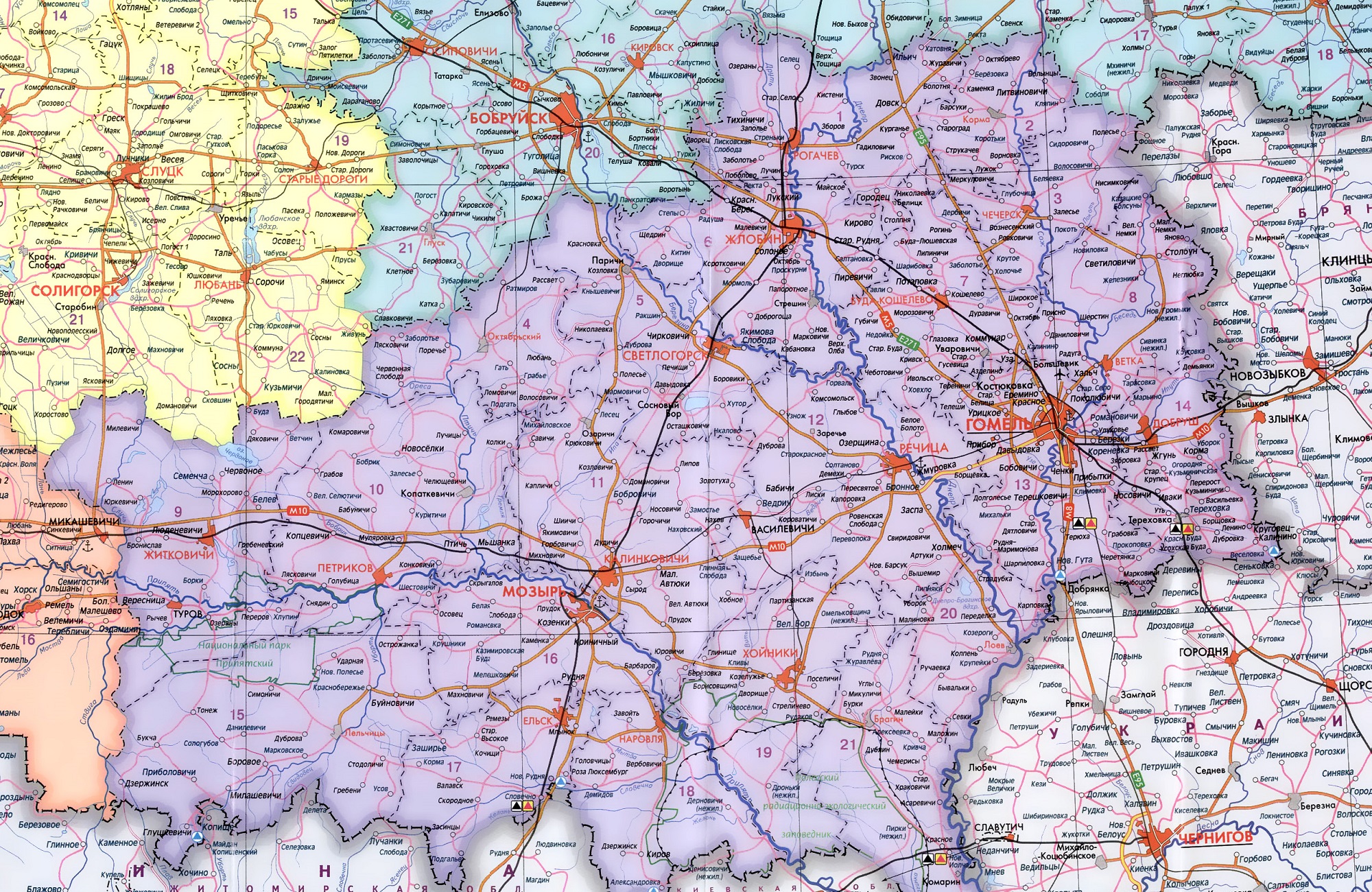 Карта Гомельской области. Карта Гомельской области с деревнями и агрогородками.  