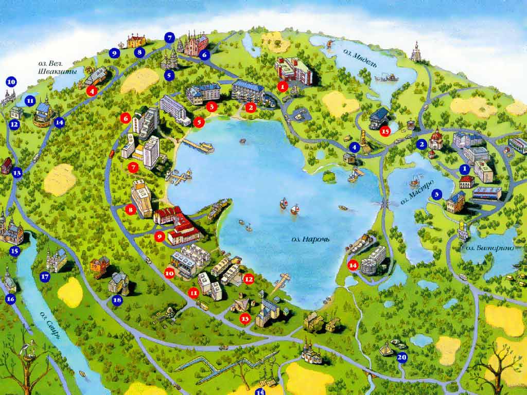 Карта Нарочи. Карта озера Нарочь. Санатории и дома отдыха на озере Нарочь. Скачать карту. Экскурсии. Фото. Картинка